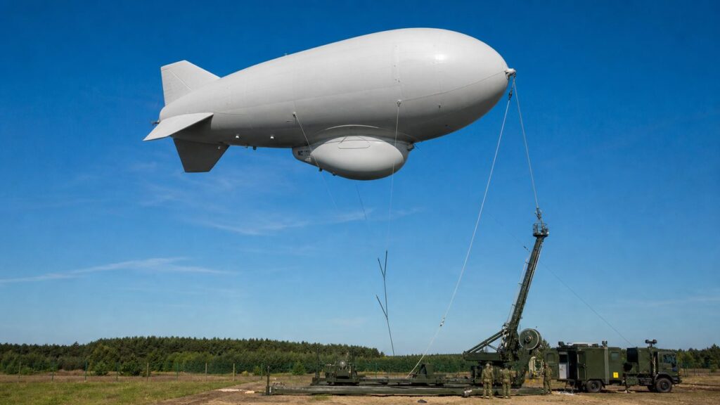 Realistyczna jasna grafika: biały radarowy aerostat na uwięzi nad wojskową stacją naziemną