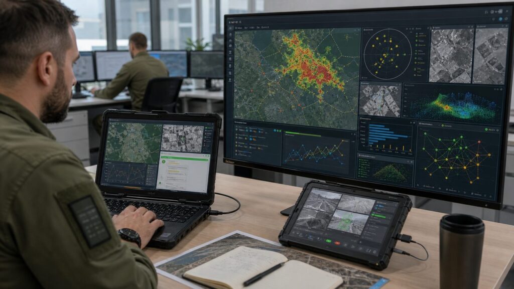 AI w obronności: narzędzie do analizy, nie autopilot decyzji Realistyczna jasna grafika: analityk używa systemu AI do analizy danych obronnych na mapach i ekranach