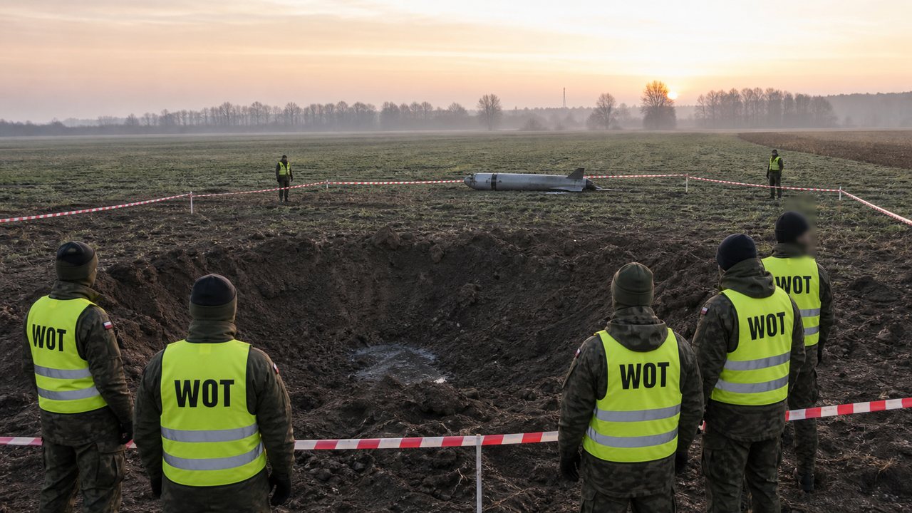 Rosyjska rakieta Ch-101 spadła na Lubelszczyźnie. Najnowsze ustalenia Krater, fragment rakiety Ch-101 i żołnierze WOT.