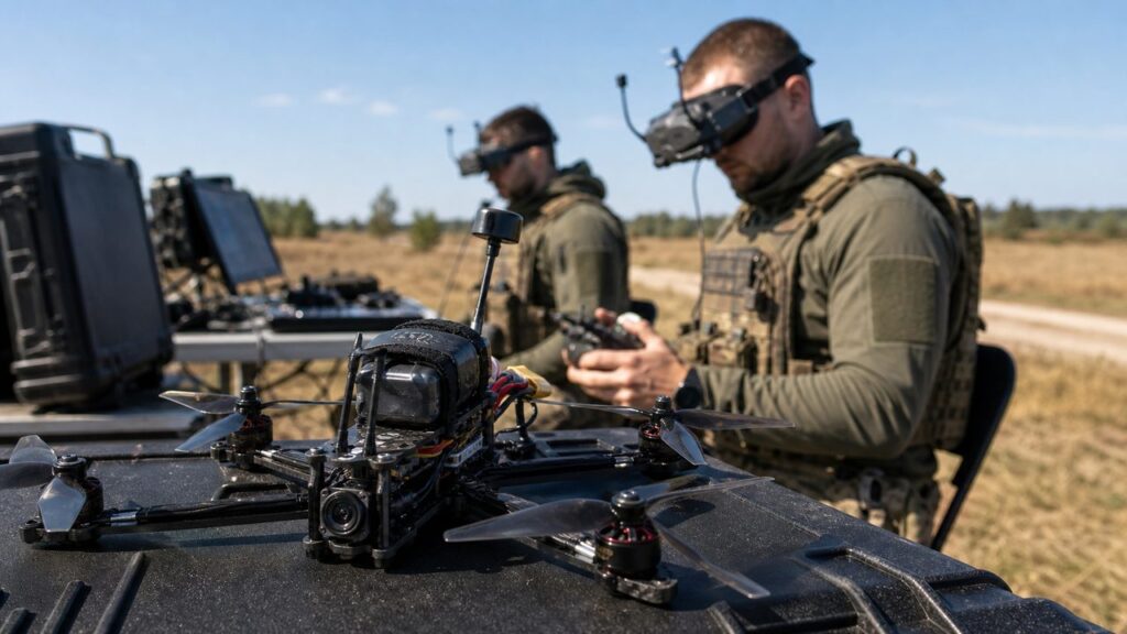 Realistyczna jasna grafika: wojskowy dron FPV na stanowisku operatorów podczas szkolenia