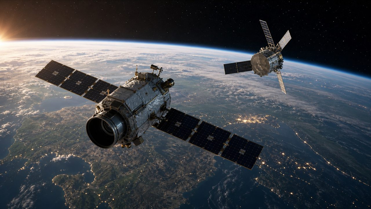 Realistyczna grafika: satelity rozpoznawcze nad Ziemią symbolizujące rosyjskie systemy Persona, Bars-M i Liana