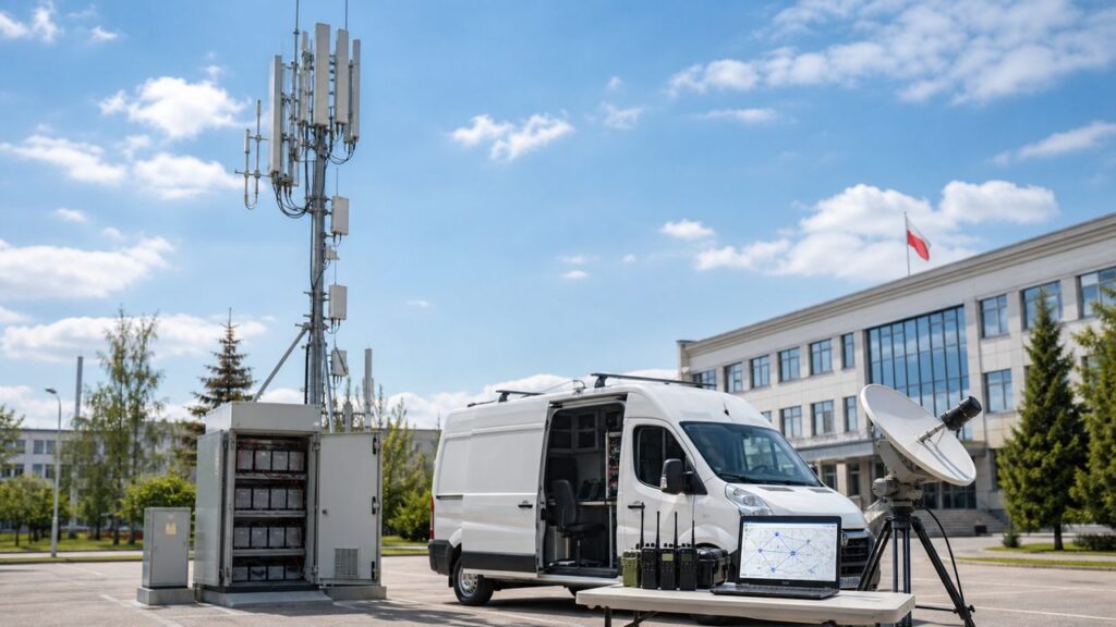 Jasna realistyczna grafika: maszt telekomunikacyjny, mobilny węzeł łączności, zasilanie awaryjne i terminal satelitarny