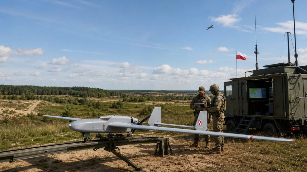 Realistyczna jasna fotografia polskiego systemu dronowego: bezzałogowiec, operatorzy i mobilne stanowisko dowodzenia