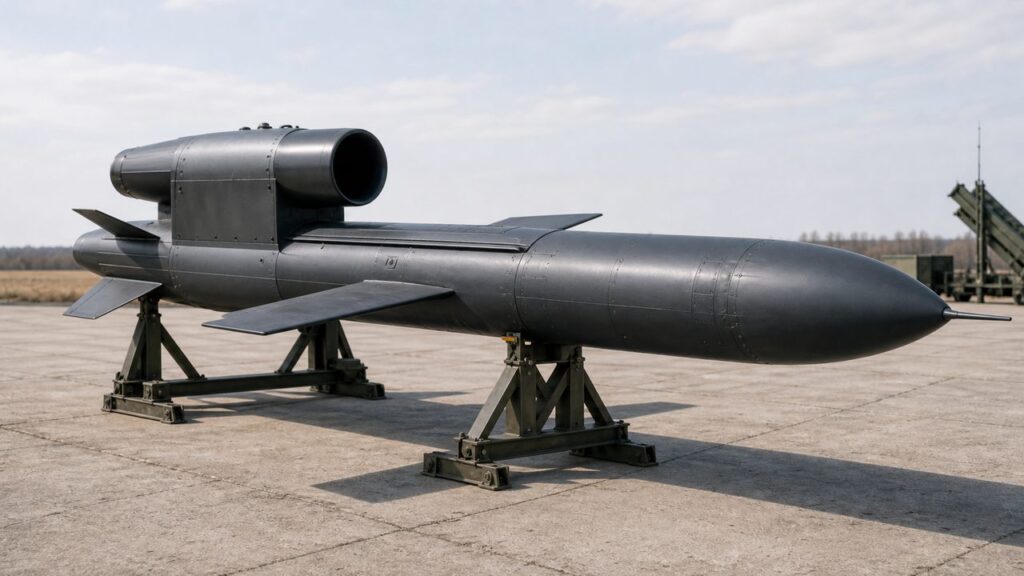 Ukraińska rakieta Flamingo FP-5: zasięg, głowica i użycie Realistyczna grafika: ukraiński pocisk manewrujący FP-5 Flamingo na jasnym tle technicznym