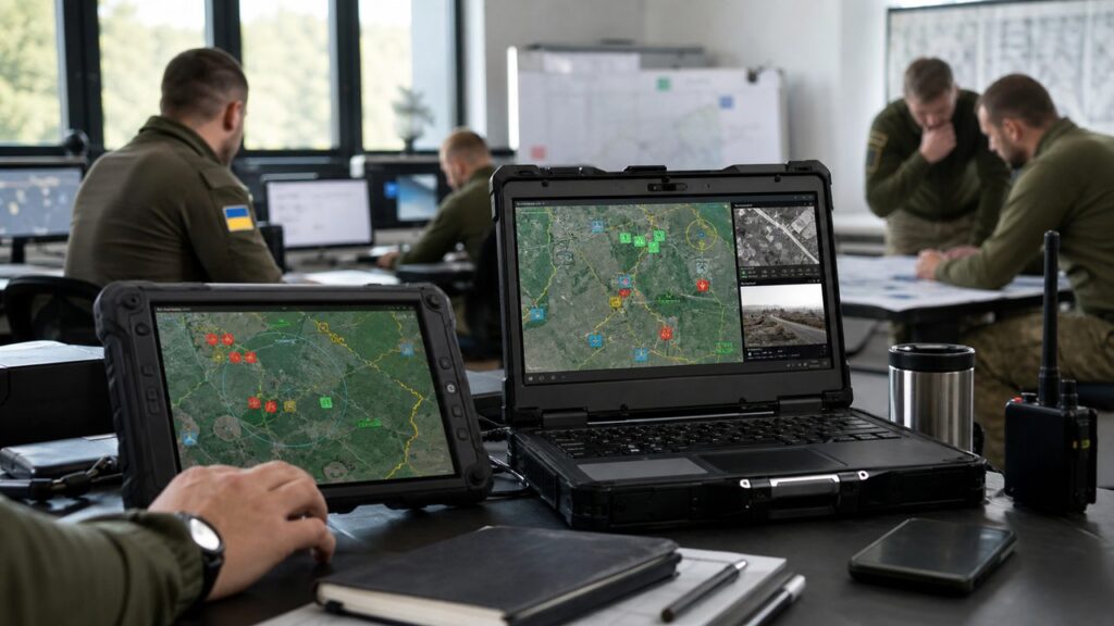 Ukraiński system DELTA: cyfrowy ekosystem pola walki Ukrainy Realistyczna jasna grafika: ukraiński system DELTA na laptopie i tablecie z cyfrową mapą pola walki