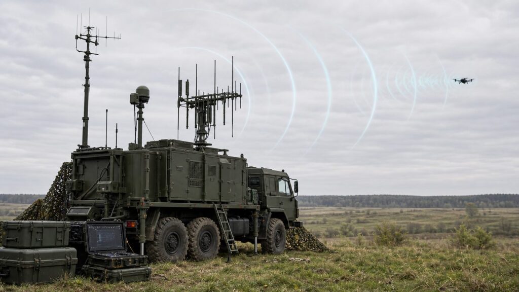 WRE: wojna o sygnał, która decyduje, czy rakieta trafi w cel Realistyczna grafika: mobilny system walki radioelektronicznej, anteny, fale sygnału i dron
