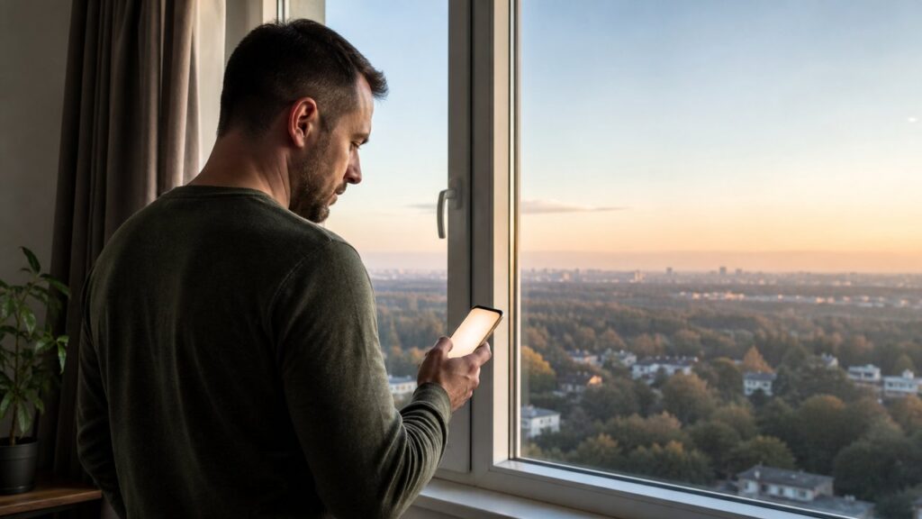 Mieszkaniec sprawdza alert RCB o świcie we wschodniej Polsce