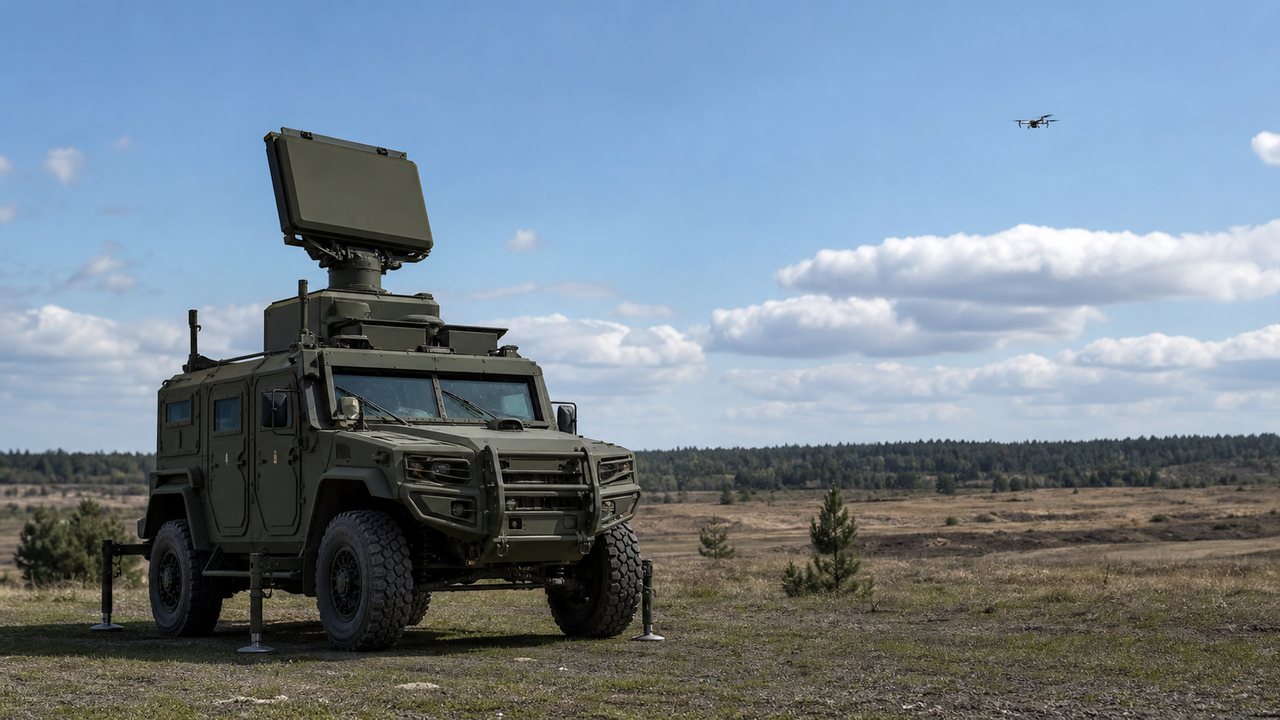 Mobilny radar AESA wykrywający bezzałogowiec.
